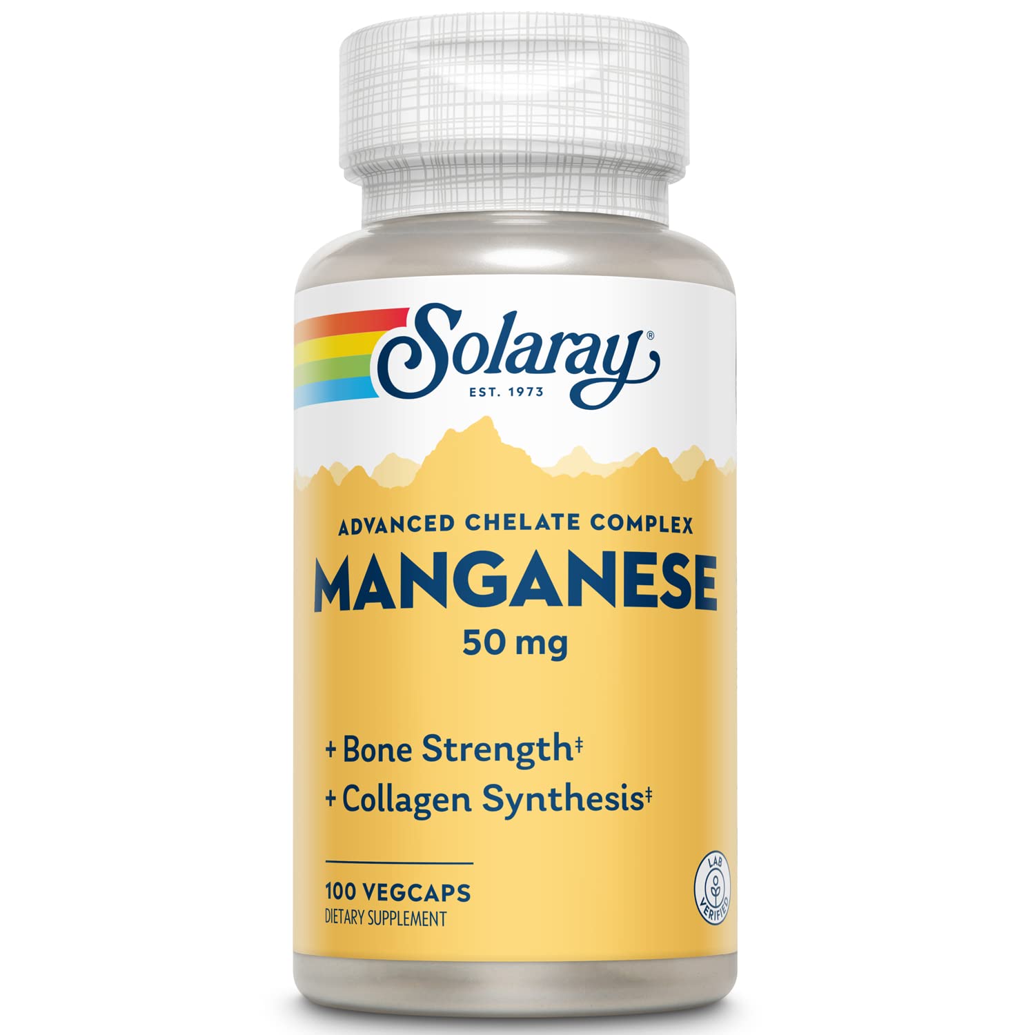 SOLARAY Manganèse — étiquette claire indiquant le dosage de 50 mg par portion.