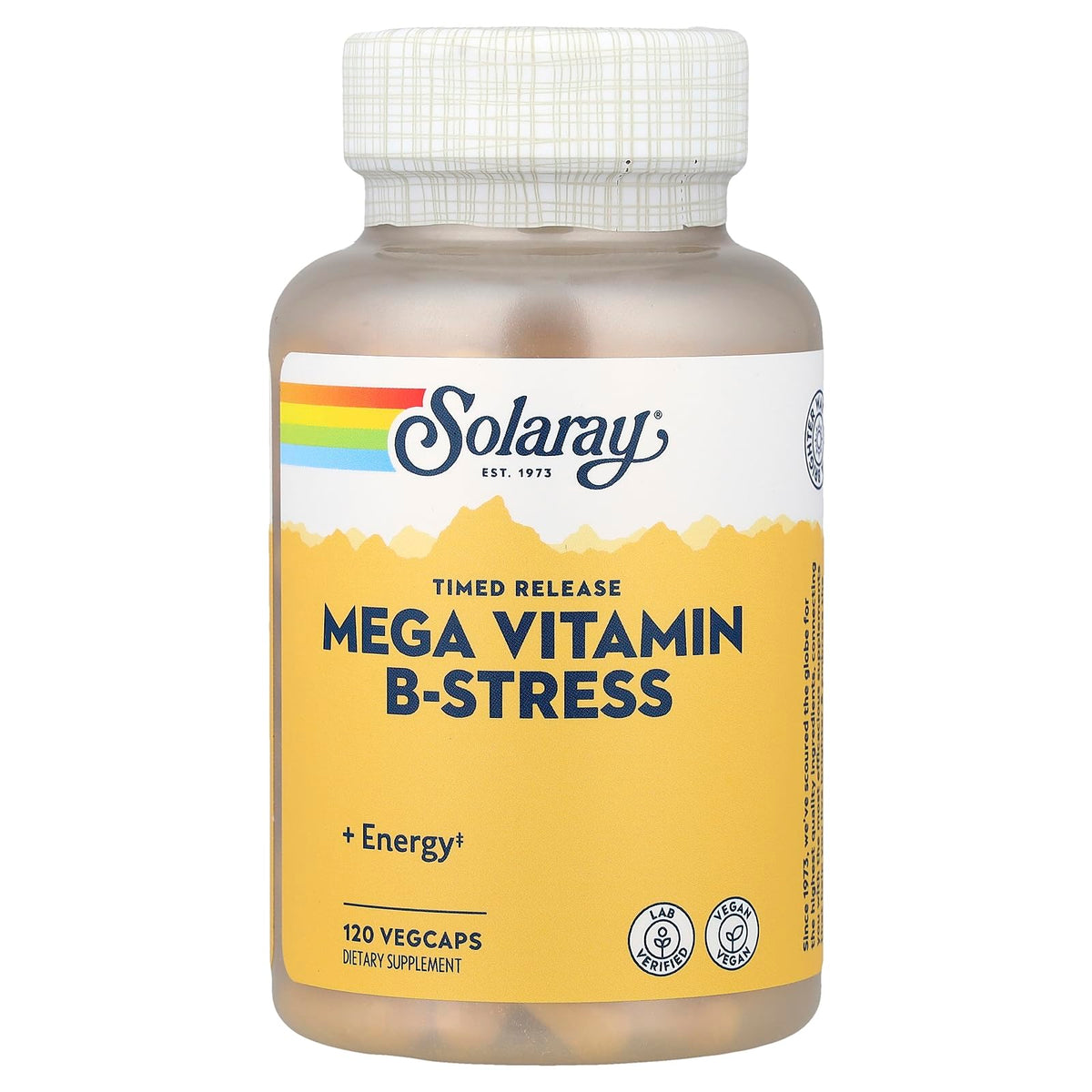SOLARAY Mega B Stress - bouteille et etiquette, soutien potentiel au stress quotidien.