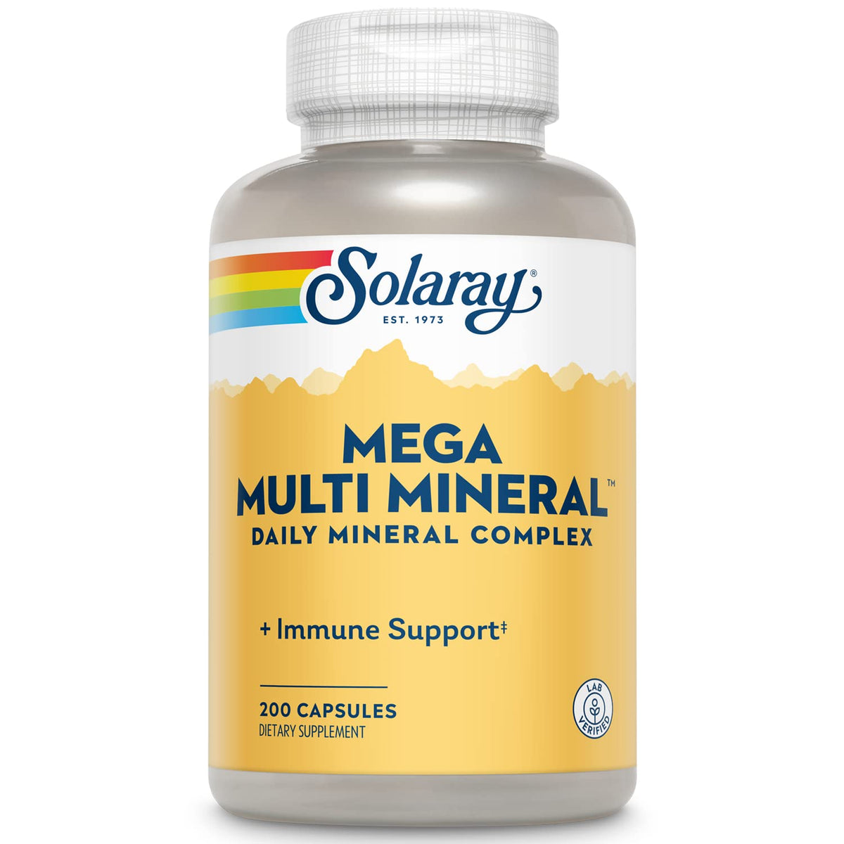 Bouteille Solaray Mega Multi Minéral avec étiquette et dosage quotidien