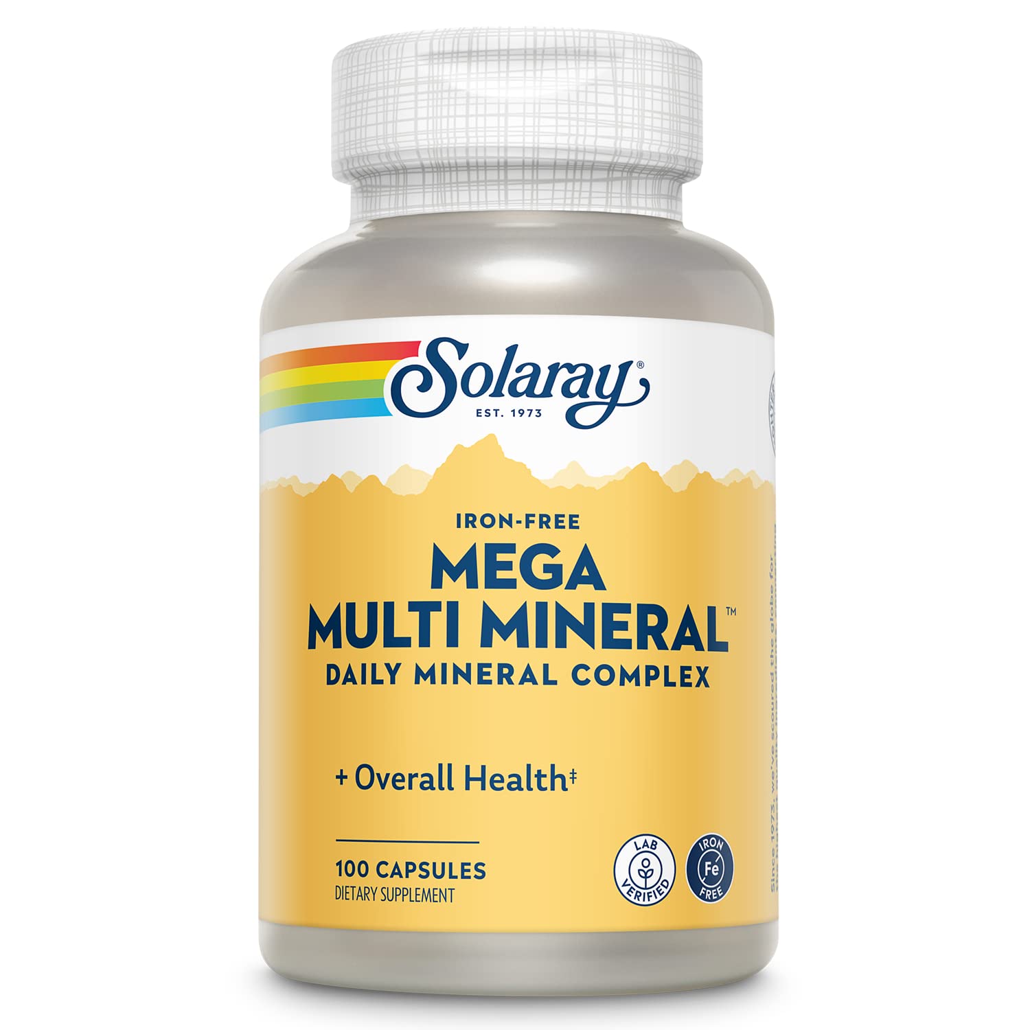 SOLARAY Mega Multiminéral sans fer – flacon visible, soutien énergie cellulaire quotidien.