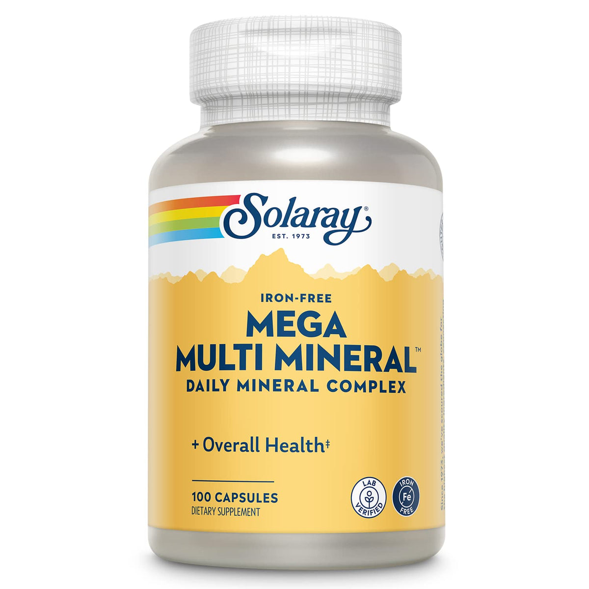 SOLARAY Mega Multiminéral sans fer – flacon visible, soutien énergie cellulaire quotidien.