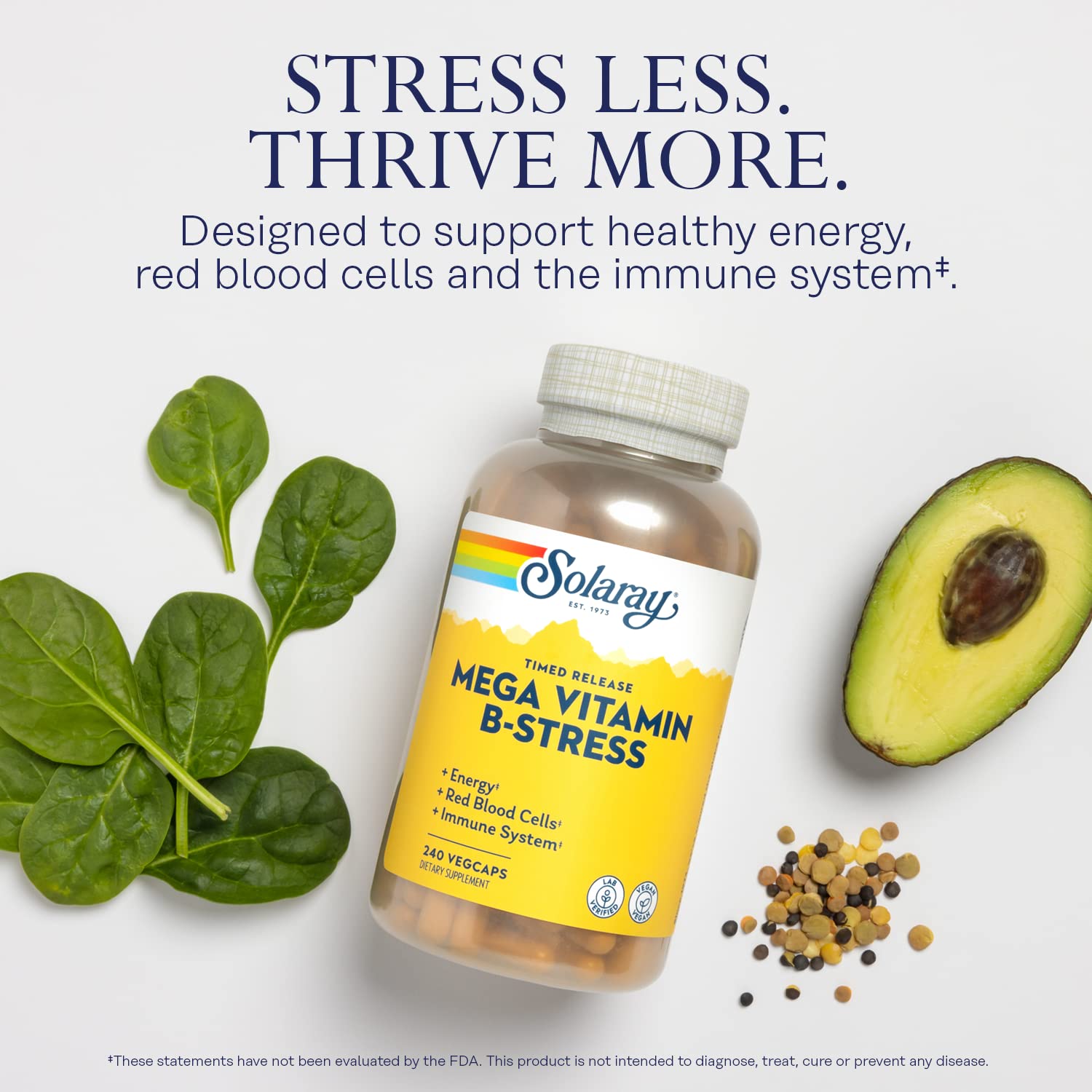 Étiquette Solaray Mega Vitamin B-Stress affichant les ingrédients clés
