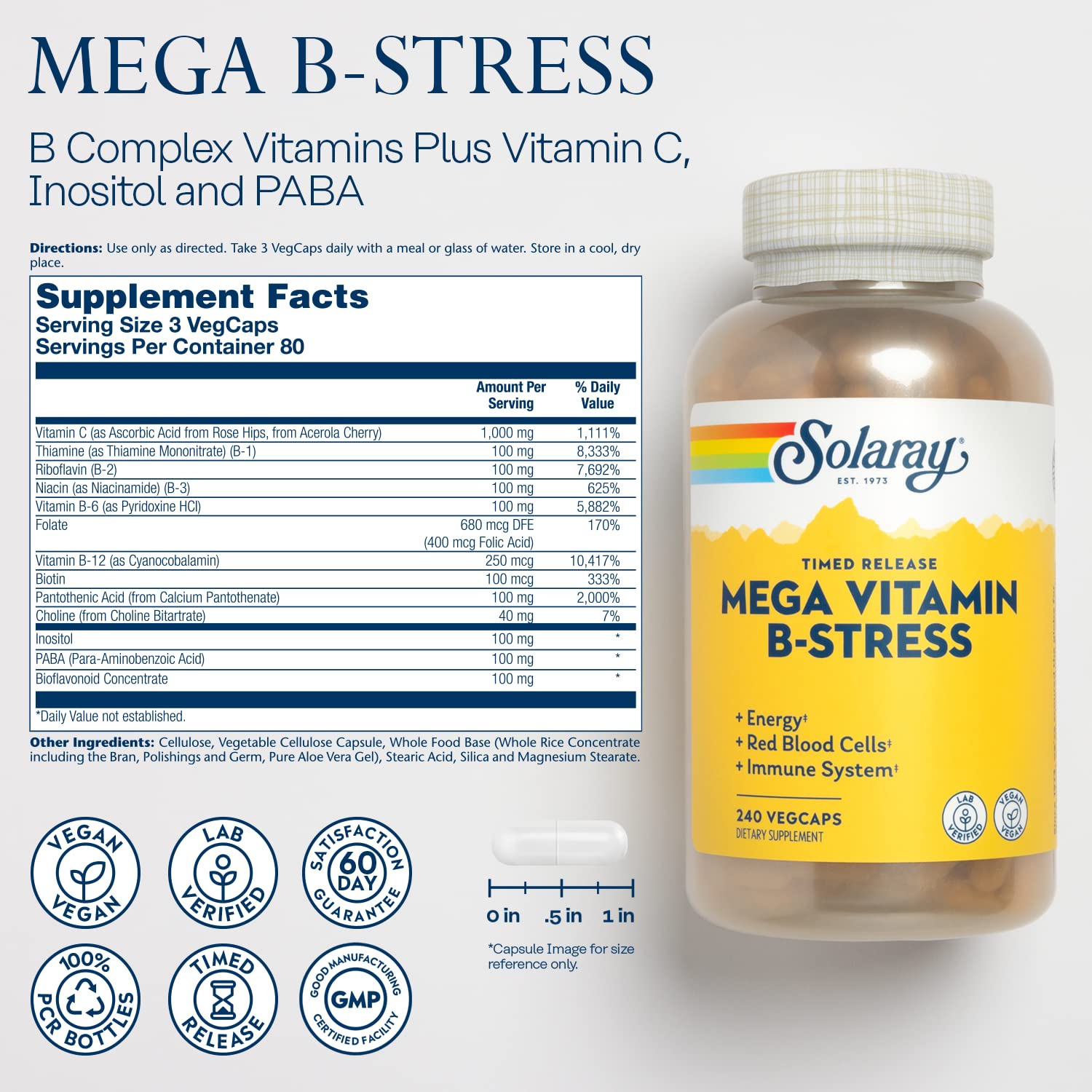 Capsules Solaray Mega Vitamin B-Stress prêtes à l’emploi quotidien