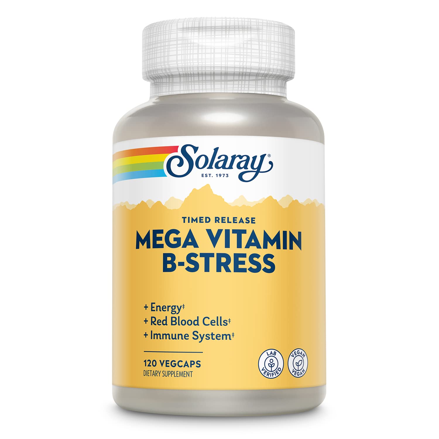 SOLARAY Mega Vitamin B-Stress: bouteille ouverte, routine quotidienne prête.