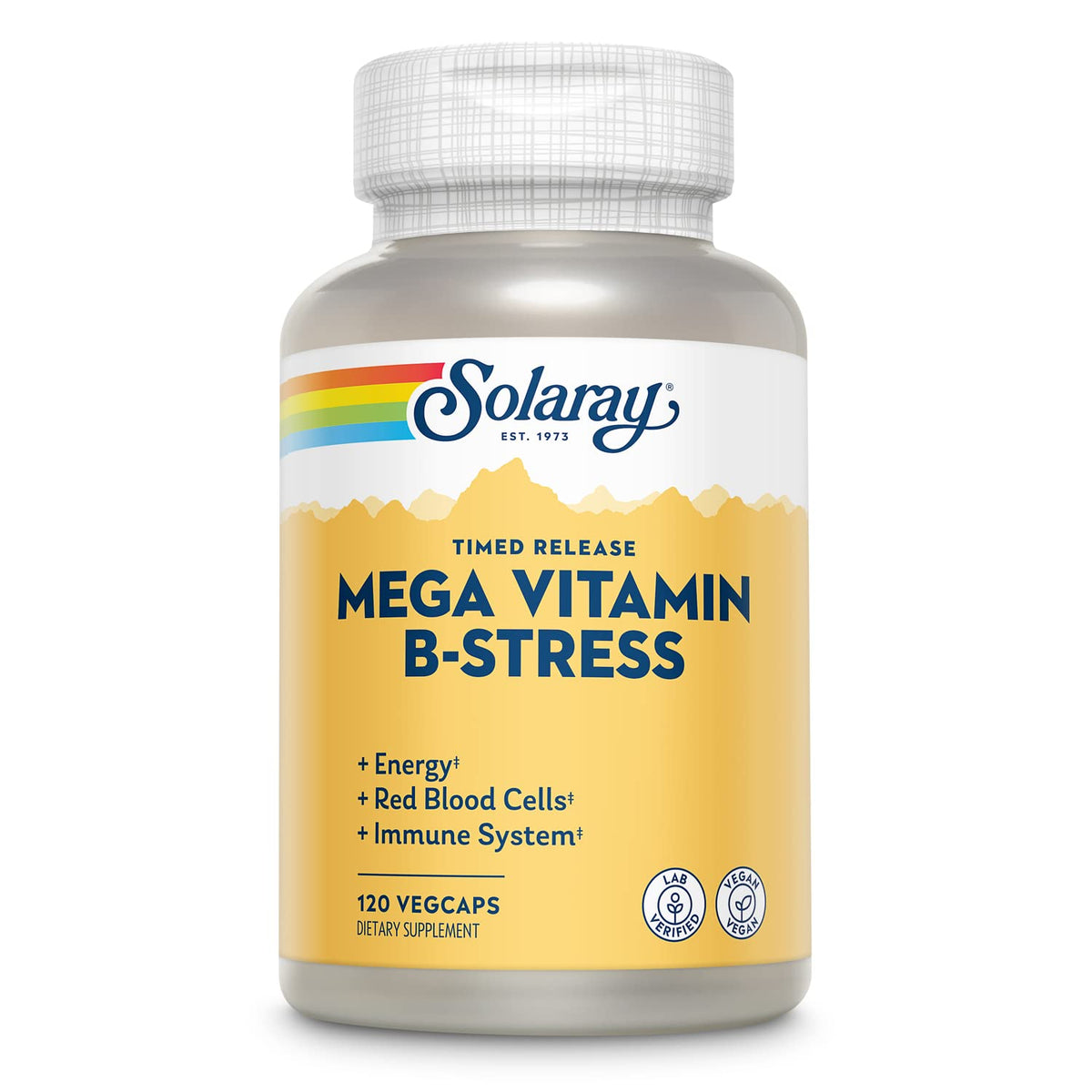 SOLARAY Mega Vitamin B-Stress: bouteille ouverte, routine quotidienne prête.