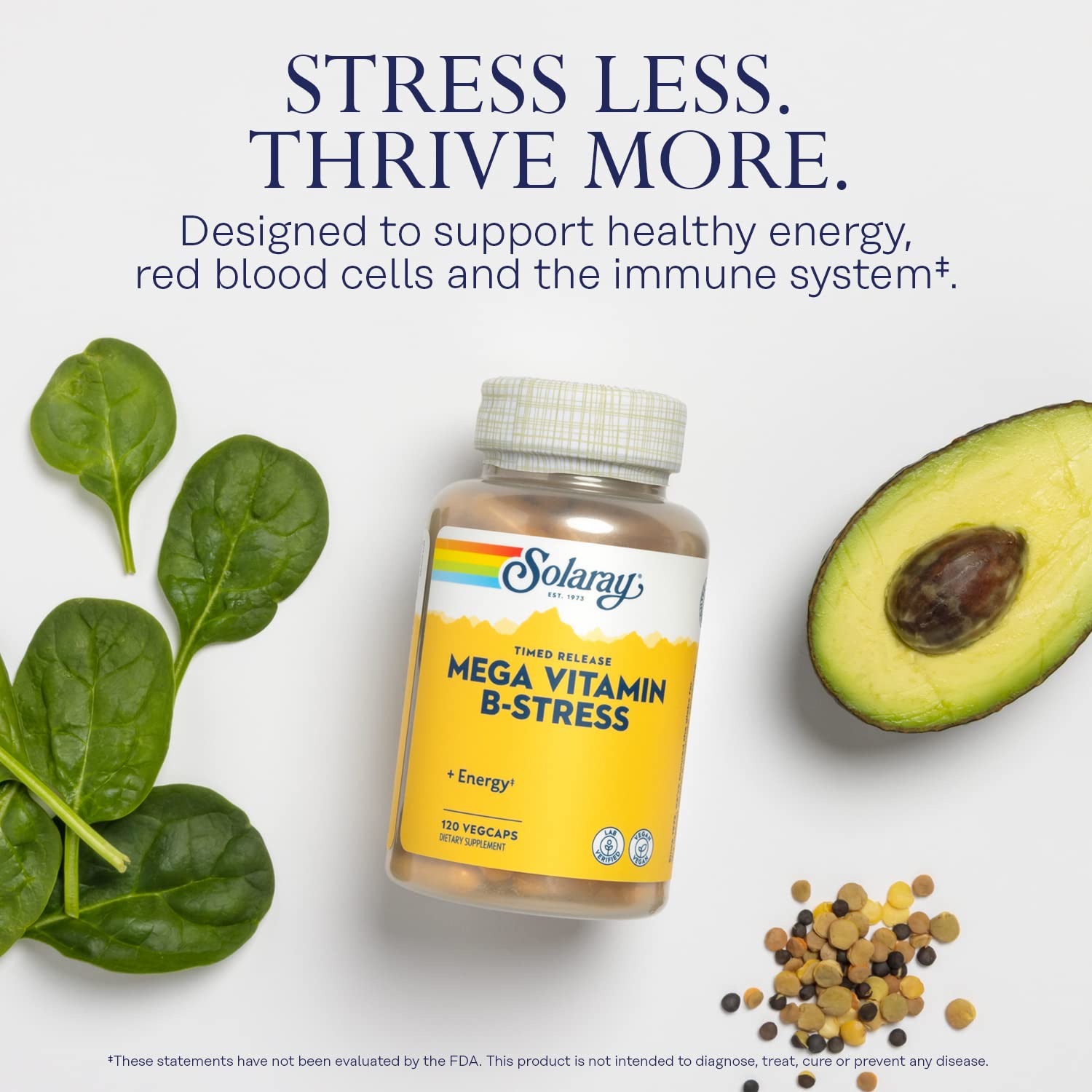 SOLARAY Mega Vitamin B-Stress: dose quotidienne recommandée pour un soutien énergétique potentiel.