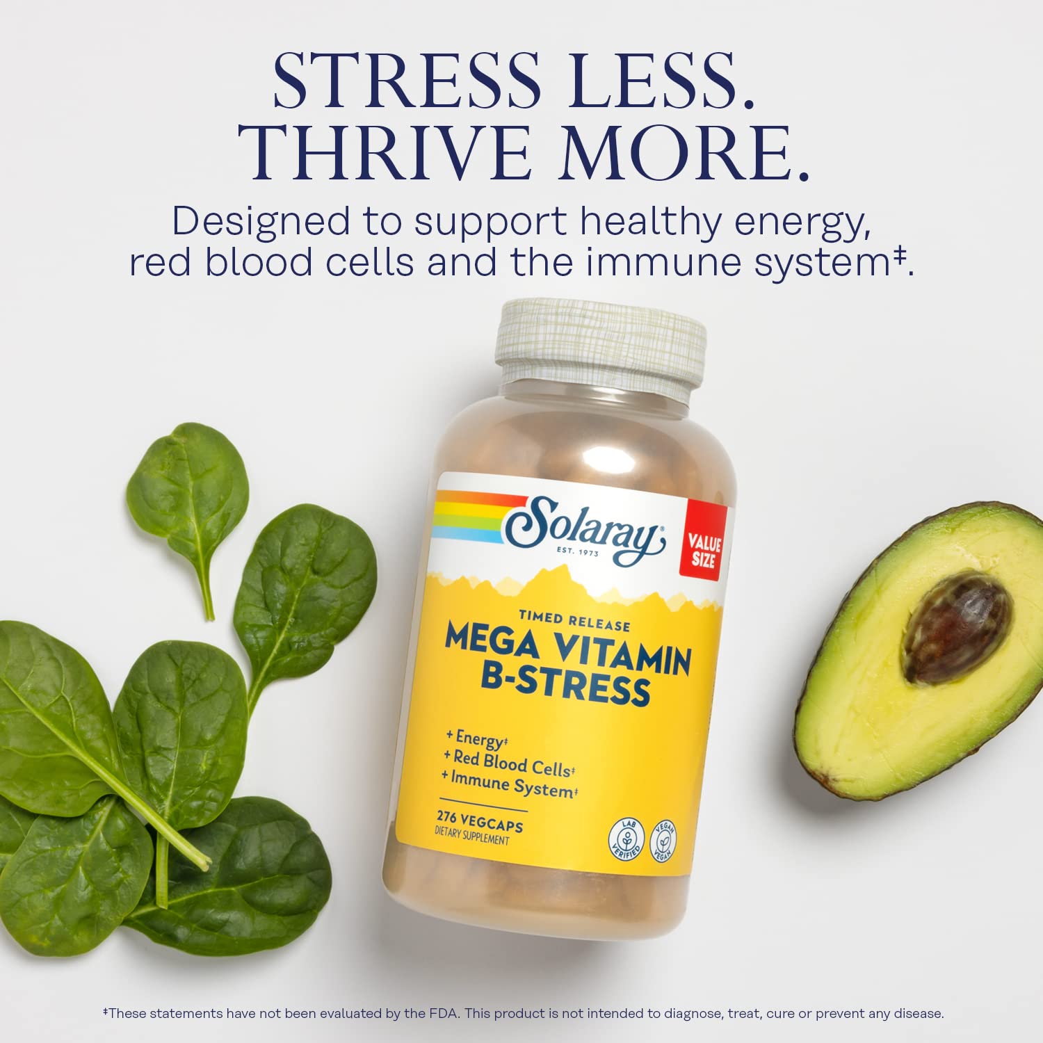 Étiquette SOLARAY Mega Vitamin B-Stress montrant les composants et la traçabilité.