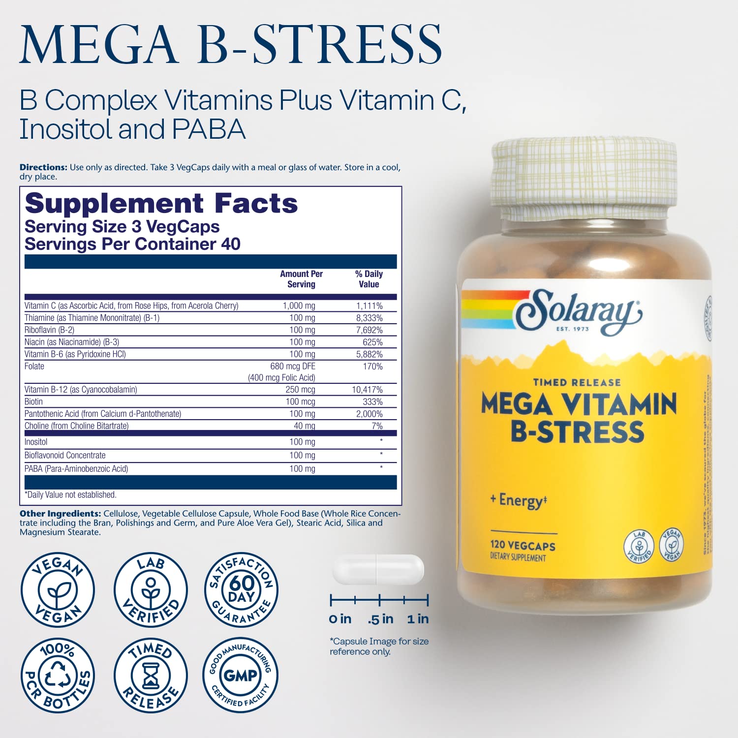 SOLARAY Mega Vitamin B-Stress: capsules végane visibles pour une utilisation fiable.