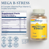 SOLARAY Mega Vitamin B-Stress: capsules végane visibles pour une utilisation fiable.