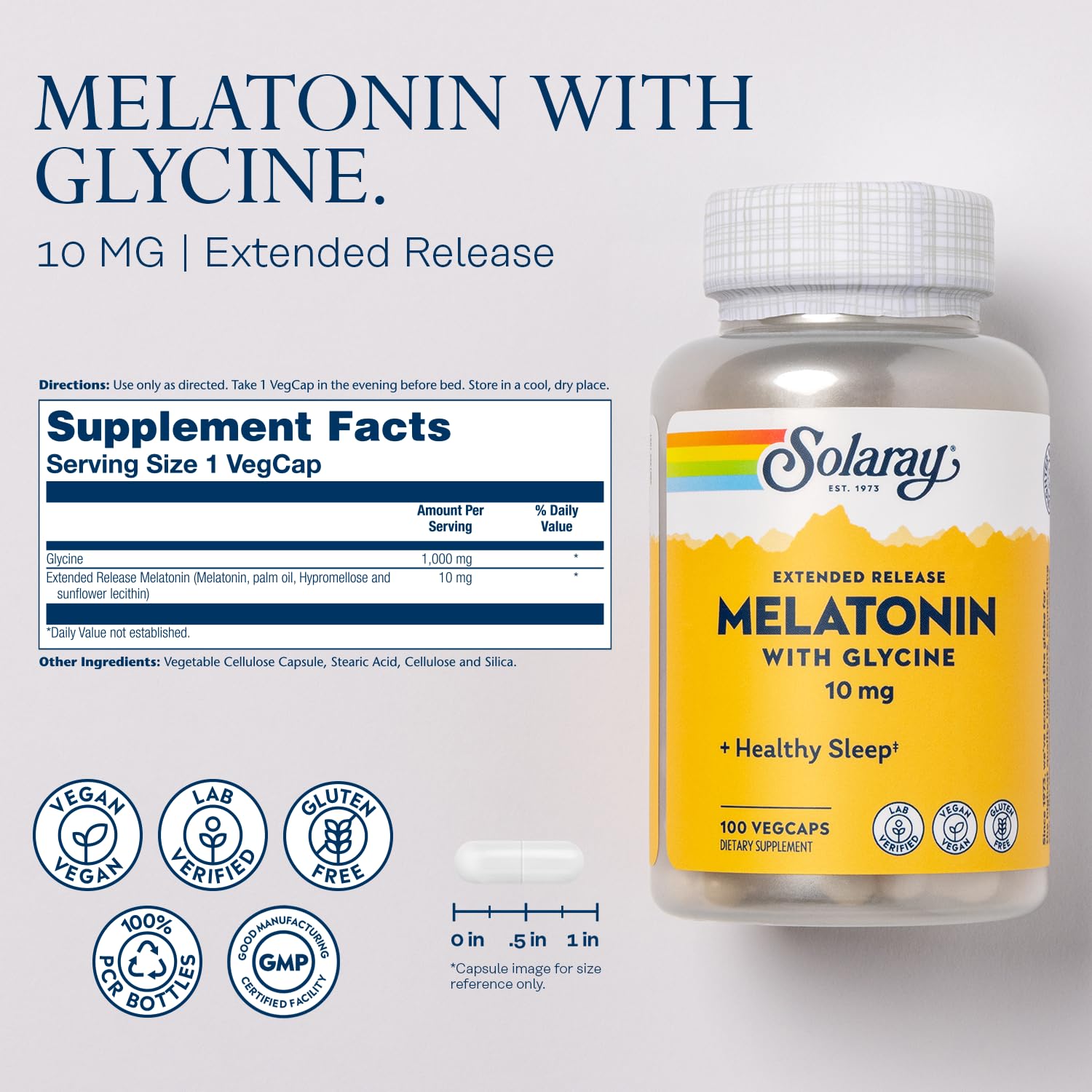 SOLARAY Mélatonine 10 mg avec glycine – gélules faciles à prendre le soir