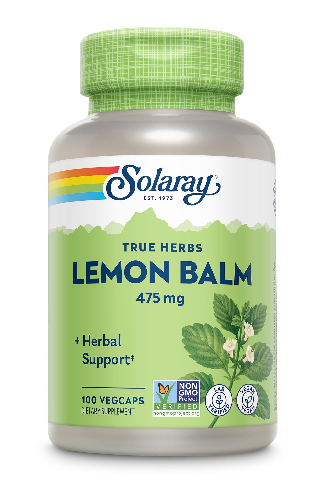 Solaray Mélisse 475 mg, capsules en bouteille, soutien naturel au quotidien.