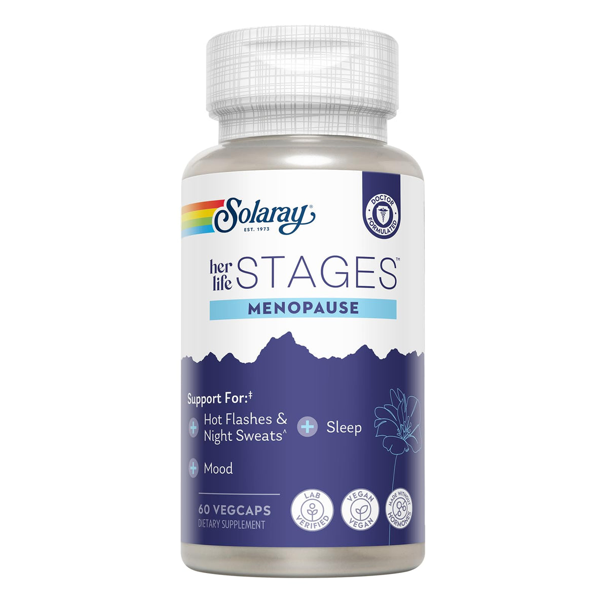 SOLARAY Ménopause Life Stages – bouteille et étiquette attrayantes, soutien potentiel pendant la ménopause.