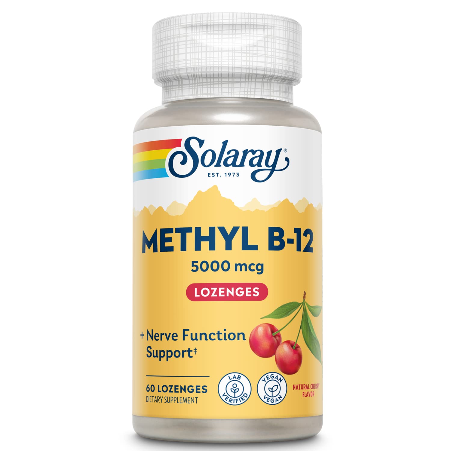 SOLARAY Méthyl B12, pastille cerise, pratique en déplacement pour soutenir l'énergie au quotidien.