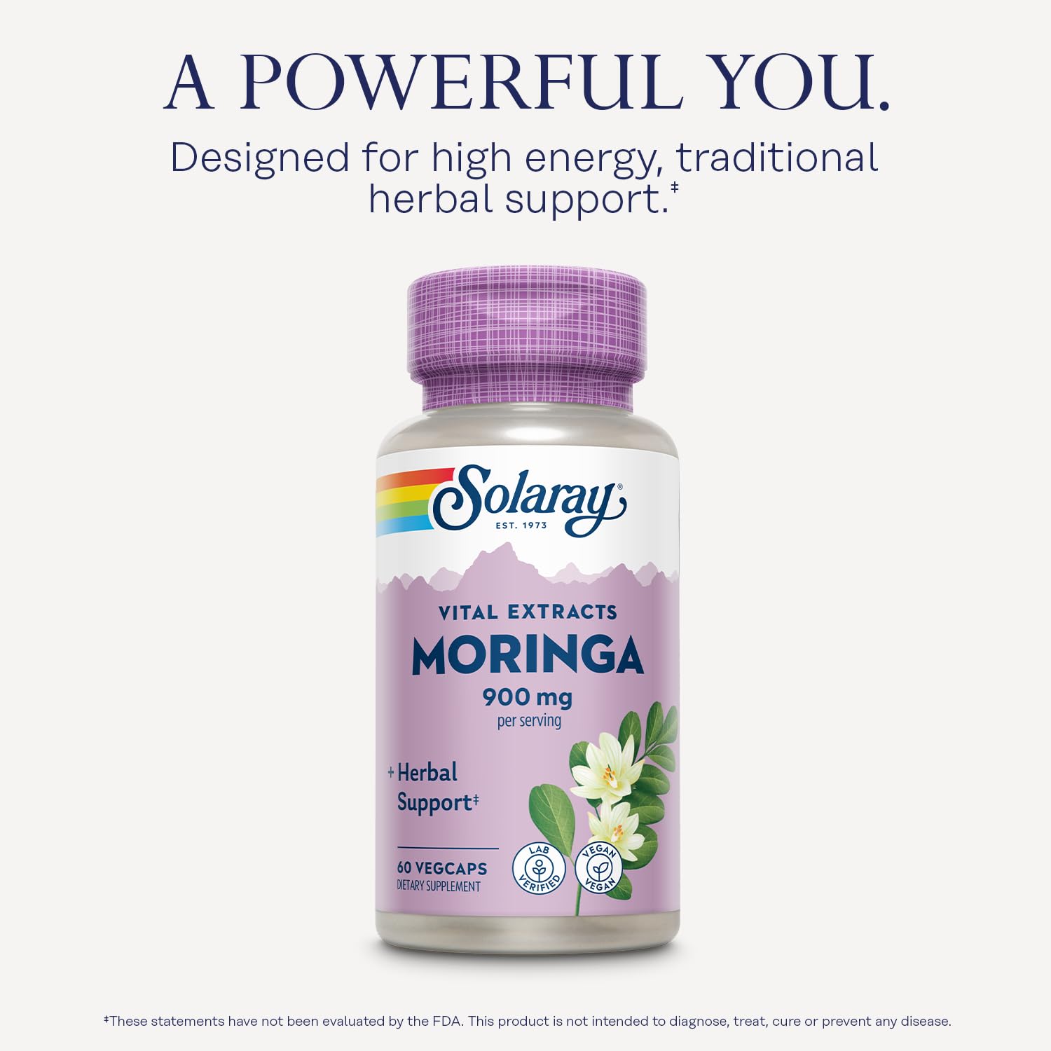 SOLARAY Moringa Capsules 900 mg — etiquette et fiche produit claires pour la transparence.