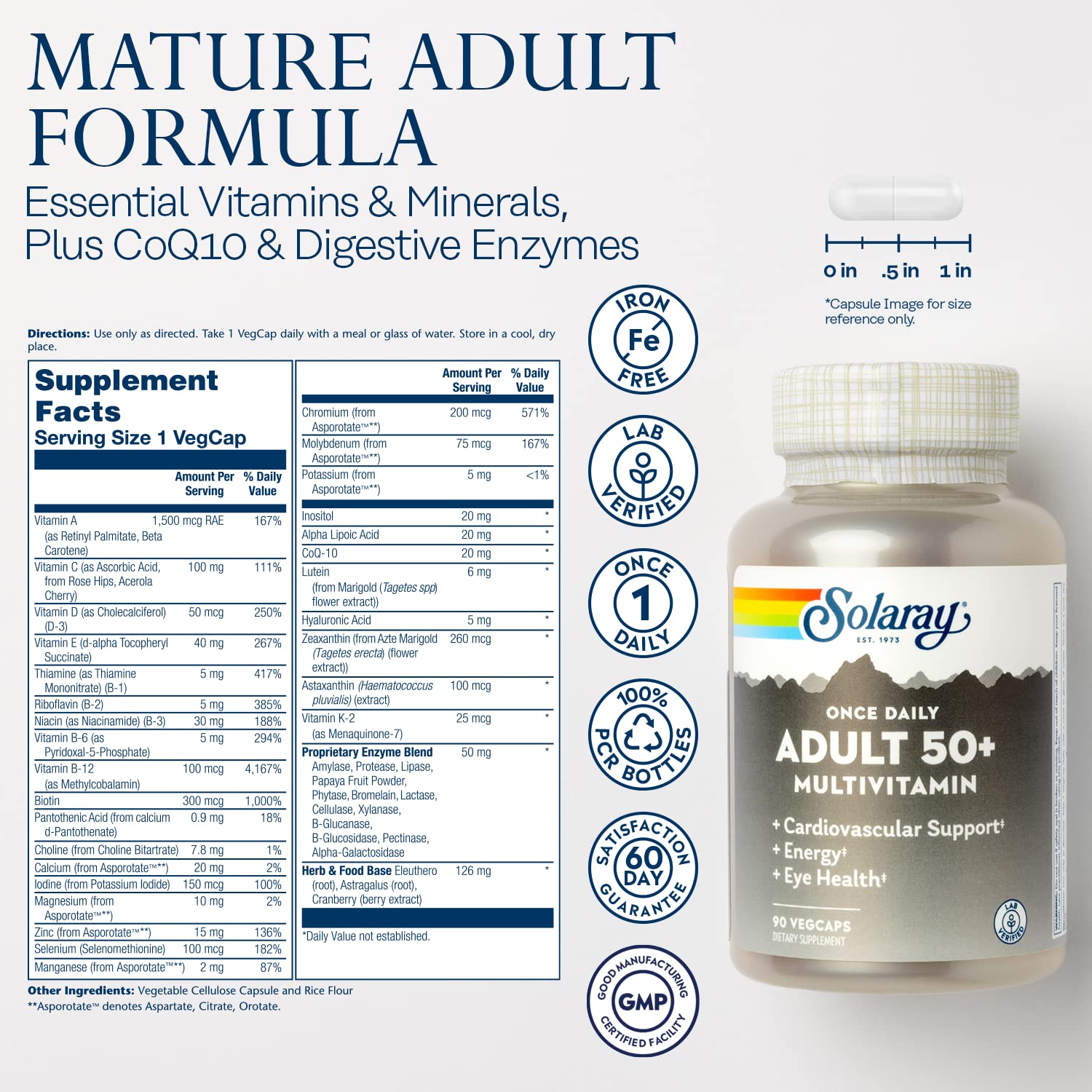 SOLARAY Multivitamine 50+ comprimés favorisent l’absorption des minéraux.