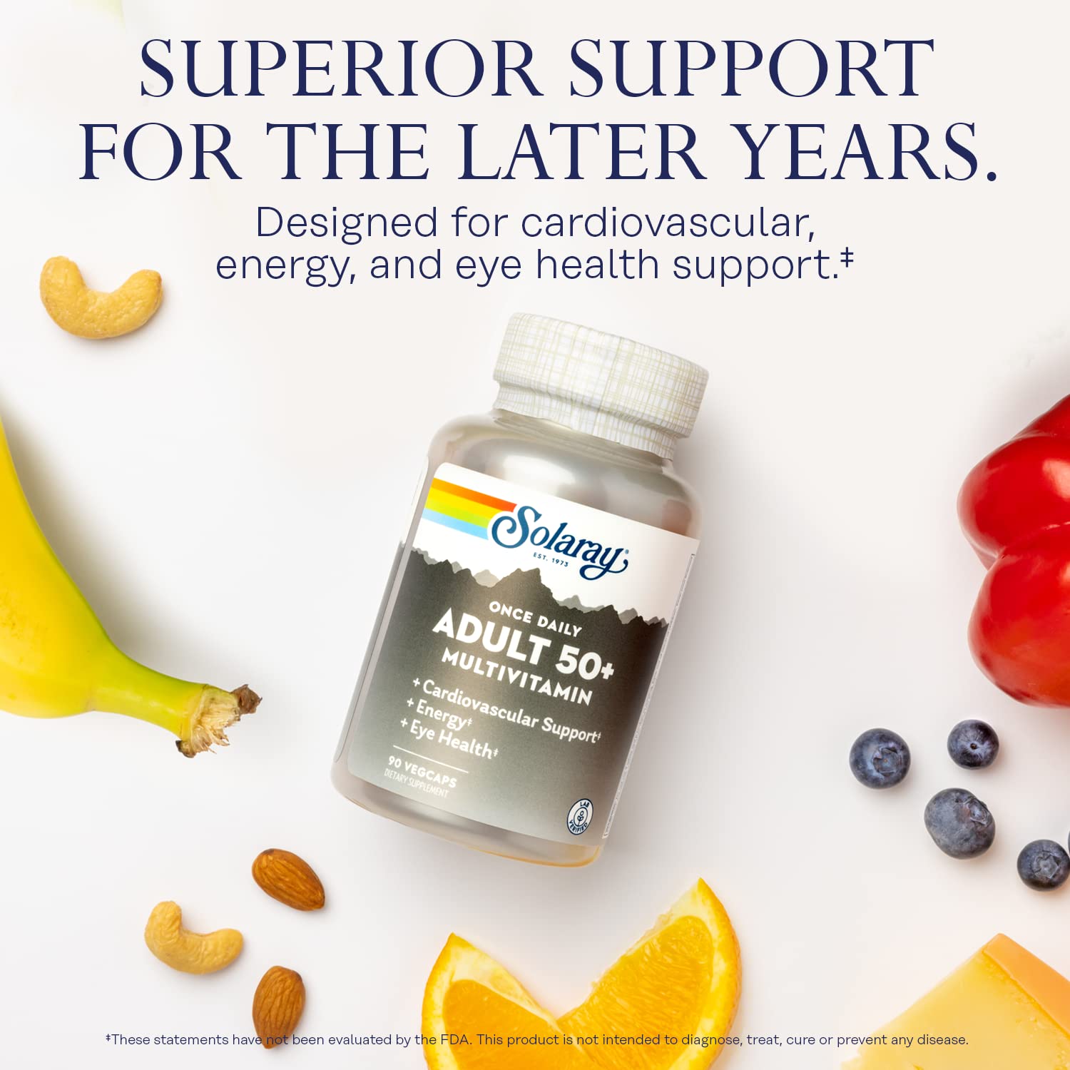 Étiquette SOLARAY Multivitamine 50+ claire et lisible pour la routine.