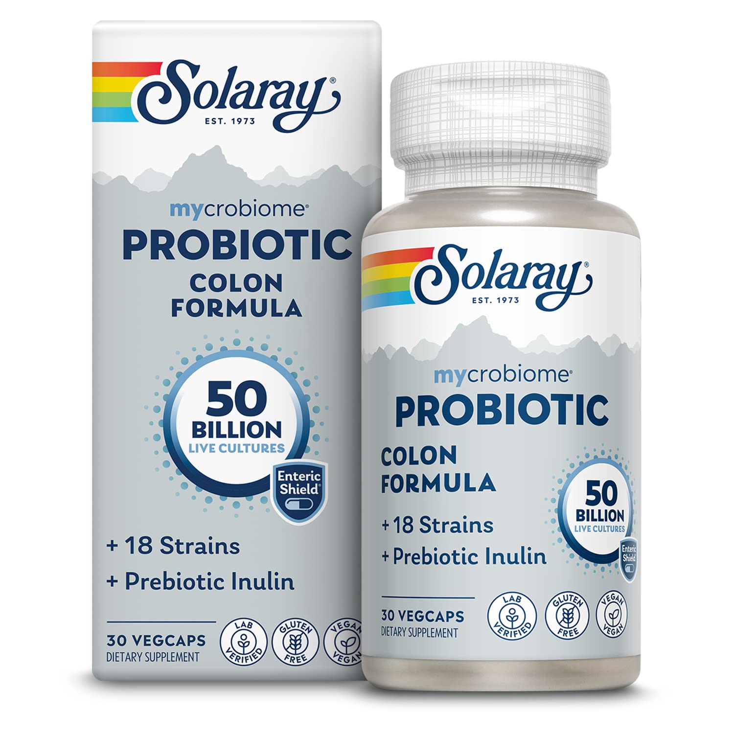 SOLARAY Mycrobiome: bouteille affichant 50 milliards CFU pour le soutien digestif.