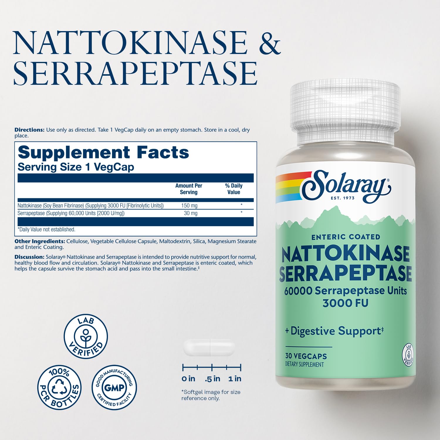 SOLARAY Nattokinase-Serrapeptase capsules végétales dans bouteille recyclée.