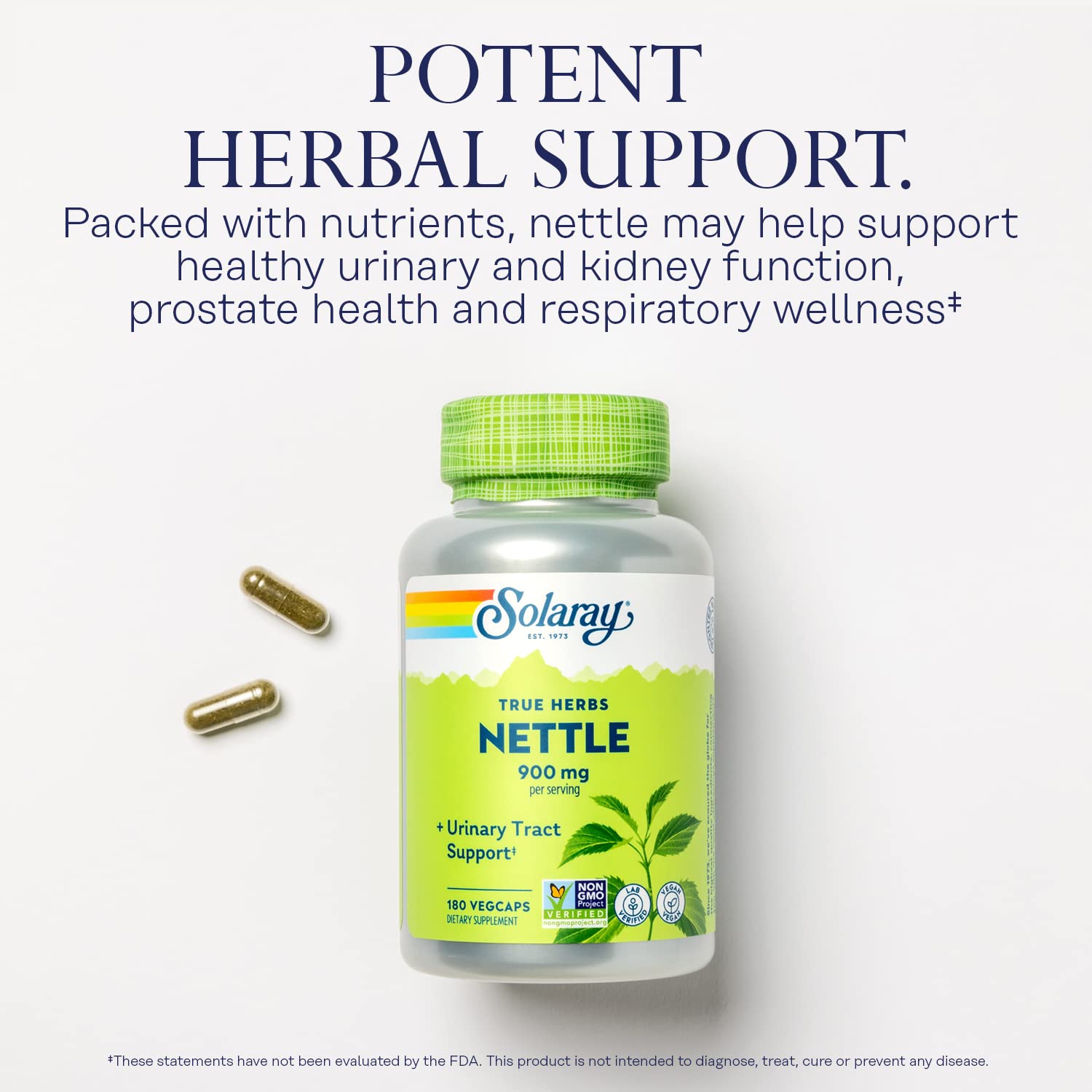 SOLARAY Nettle Leaf soutien prostate – capsule visible suggérant un soutien prostatique potentiel.