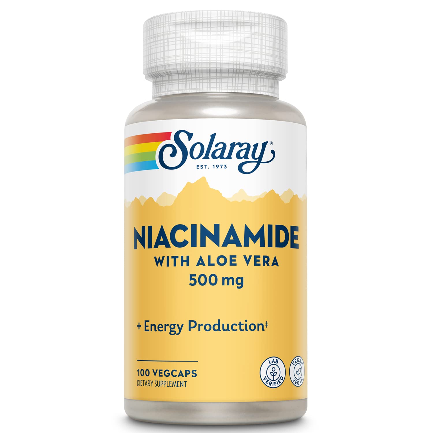 SOLARAY Niacinamide 500 mg boîte et étiquette visibles, pratique à ranger.