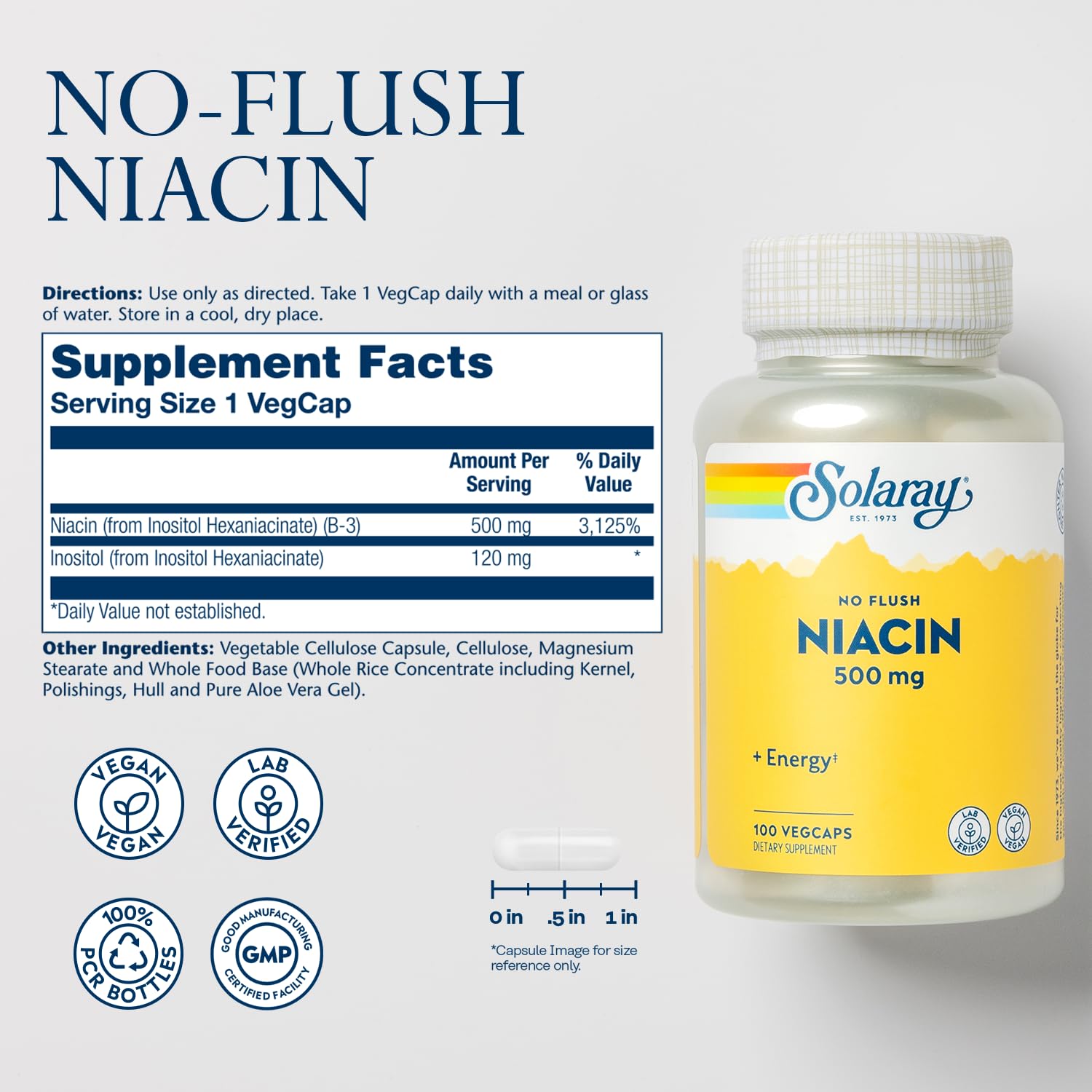 Capsules végétales SOLARAY Niacine 500 mg, vue rapprochée, routine quotidienne.