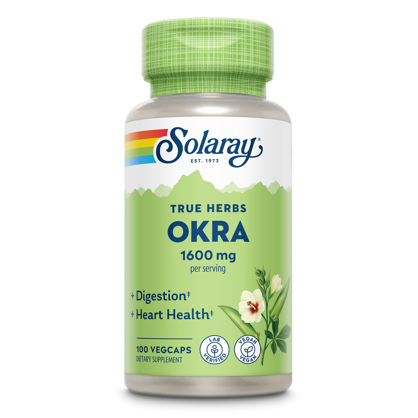 SOLARAY Okra Fruit 1600 mg — flacon de capsules riches en fibres solubles pour le quotidien.