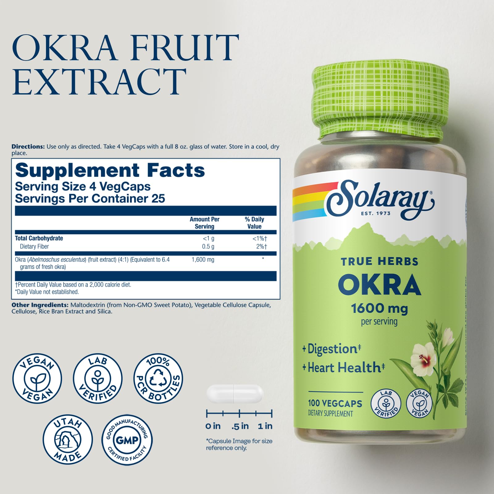 SOLARAY Okra Fruit 1600 mg — capsules pratiques pour augmenter l'apport en fibres au quotidien.