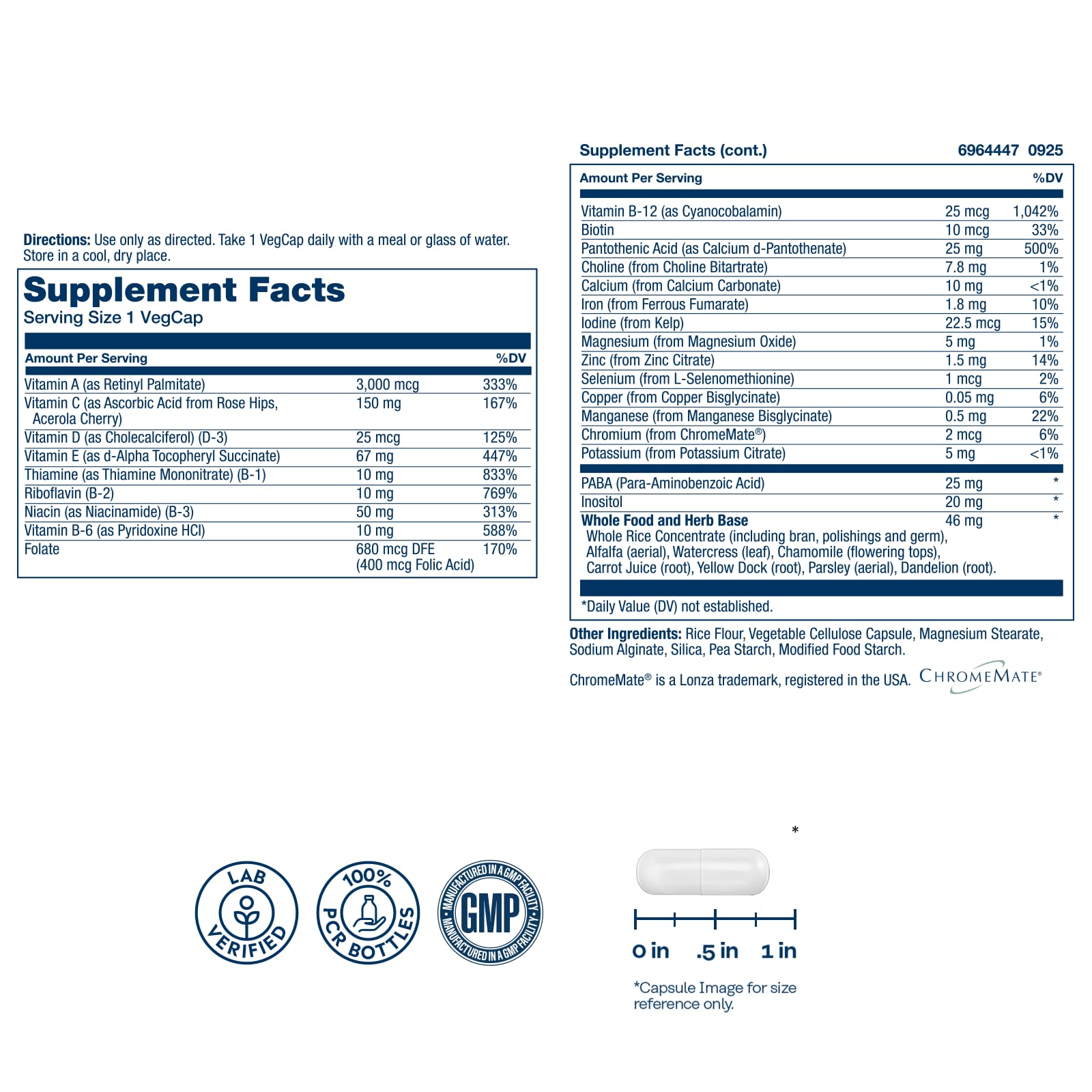 SOLARAY multivitamine quotidienne, ingrédients clés visibles sur l’étiquette – nutrition complète.