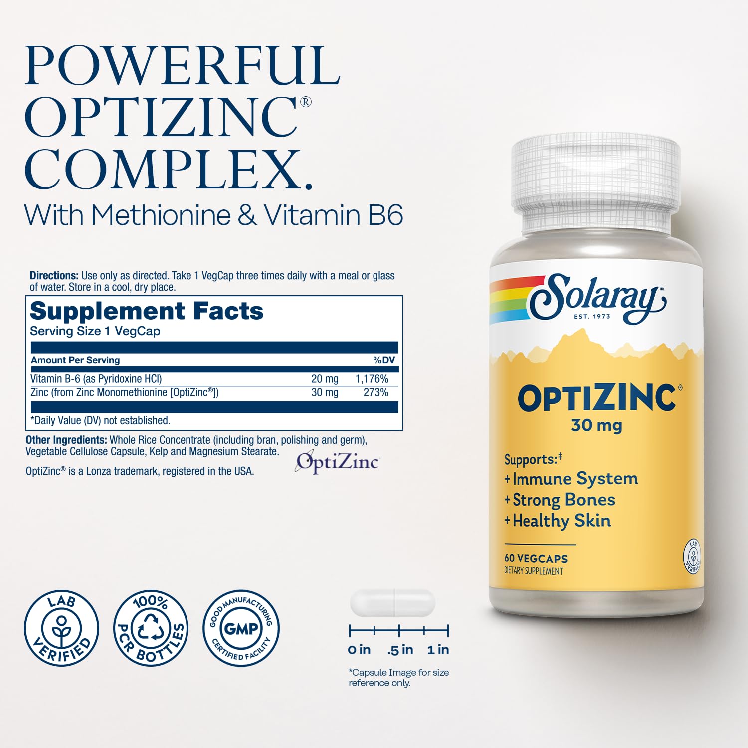 SOLARAY OptiZinc – zinc monométhionine pour absorption optimisée.