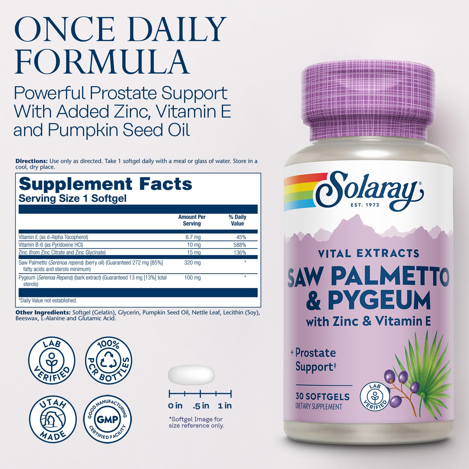 SOLARAY Palmier nain et Pygeum — Étiquette: informations claires sur les ingrédients.