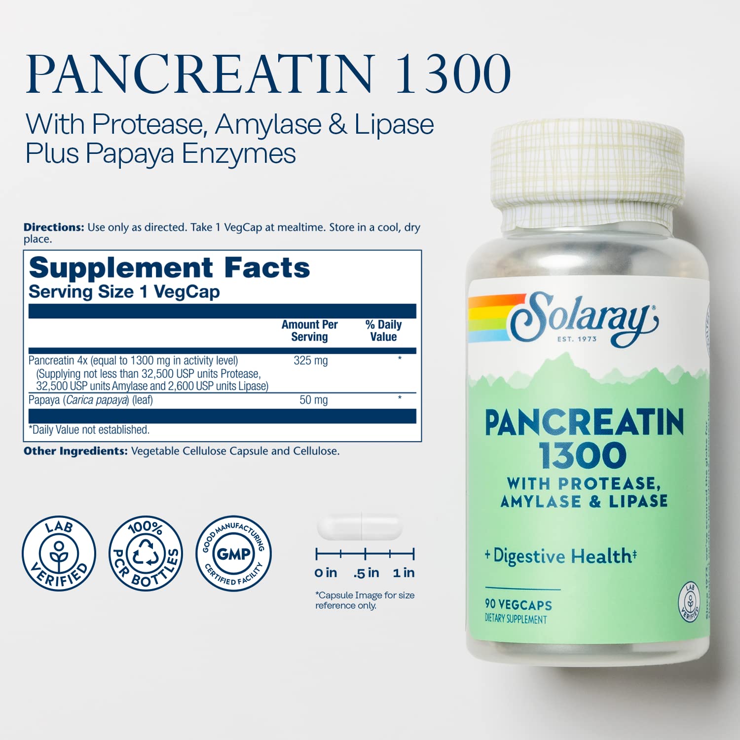 SOLARAY Pancreatin 1300 – enzymes protéase-amylase-lipase pour digestion efficace
