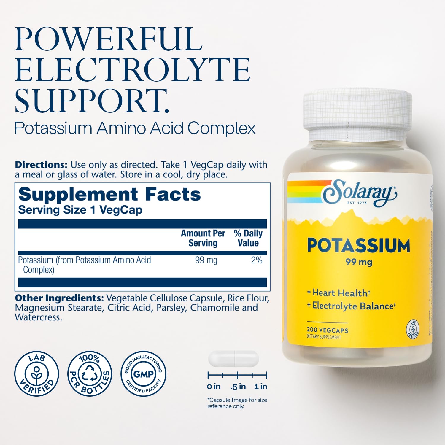 SOLARAY Potassium 99 mg, capsules végétales premier plan pour l'endurance quotidienne.