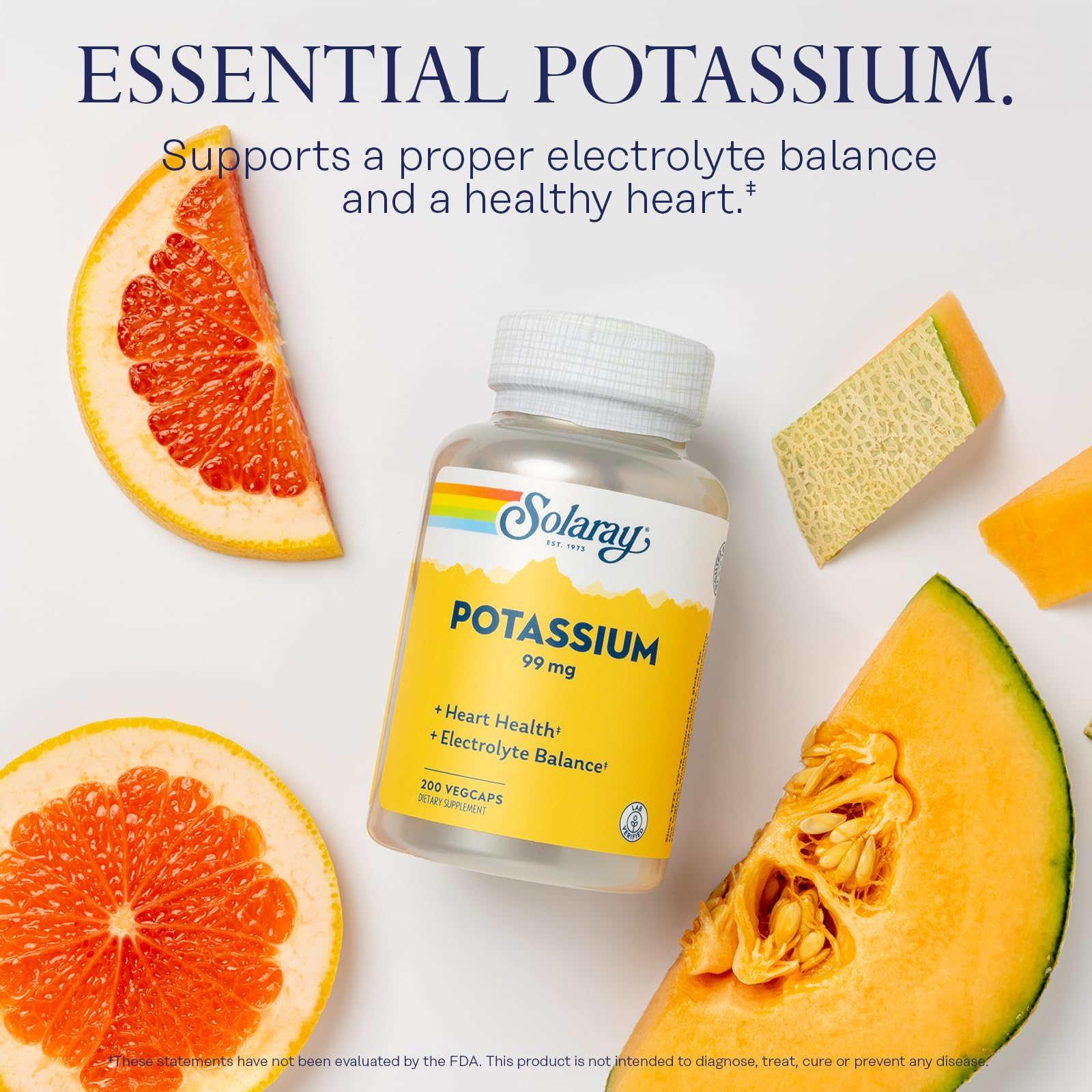 SOLARAY Potassium 99 mg, étiquette laboratoire vérifiée assurant traçabilité et sécurité des ingrédients.