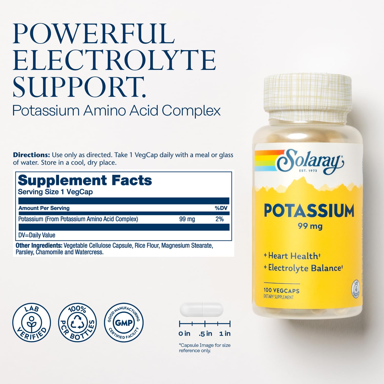 SOLARAY Potassium 99 mg – gélules biodisponibles pour l'équilibre électrolytique.