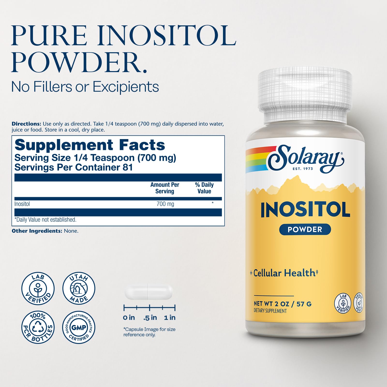 SOLARAY Inositol Pur mesurée dans cuillère, prise pratique et précise.