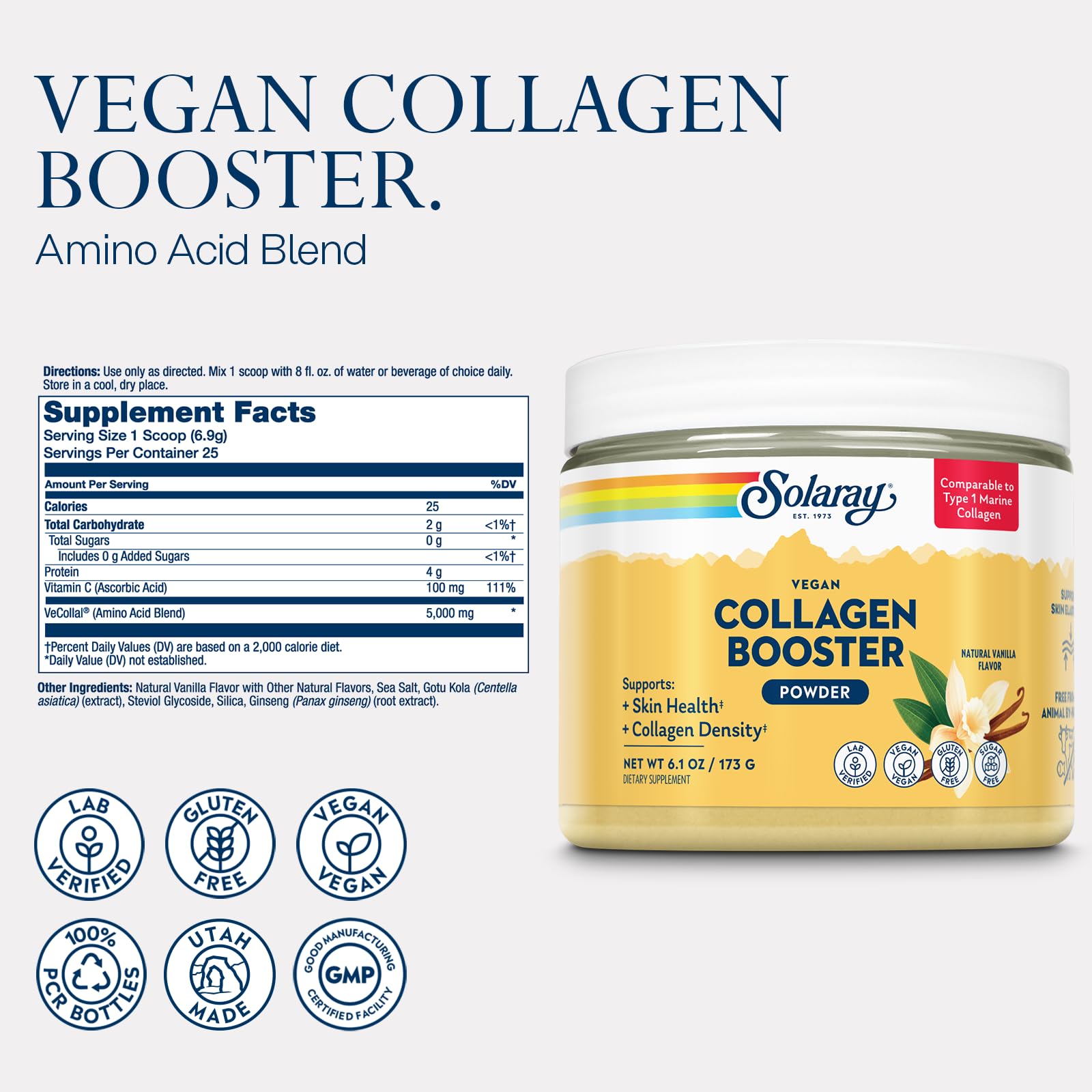 SOLARAY poudre vegan collagene Type 1 vanille – dosette facile.
