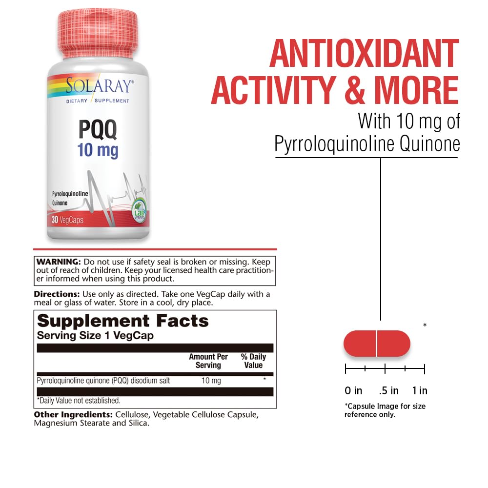 SOLARAY PQQ 10 mg – etiquette-logo, conditionnement transparent et fiabilité.