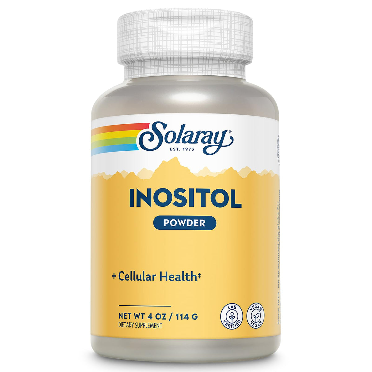 SOLARAY Pure Inositol en poudre dans une bouteille prête à l’usage quotidien.