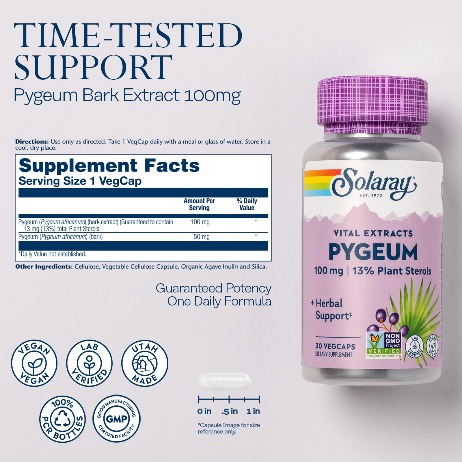 Détail sur les capsules SOLARAY Pygeum: forme végétale et dosage clair.