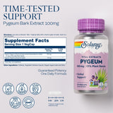 Détail sur les capsules SOLARAY Pygeum: forme végétale et dosage clair.