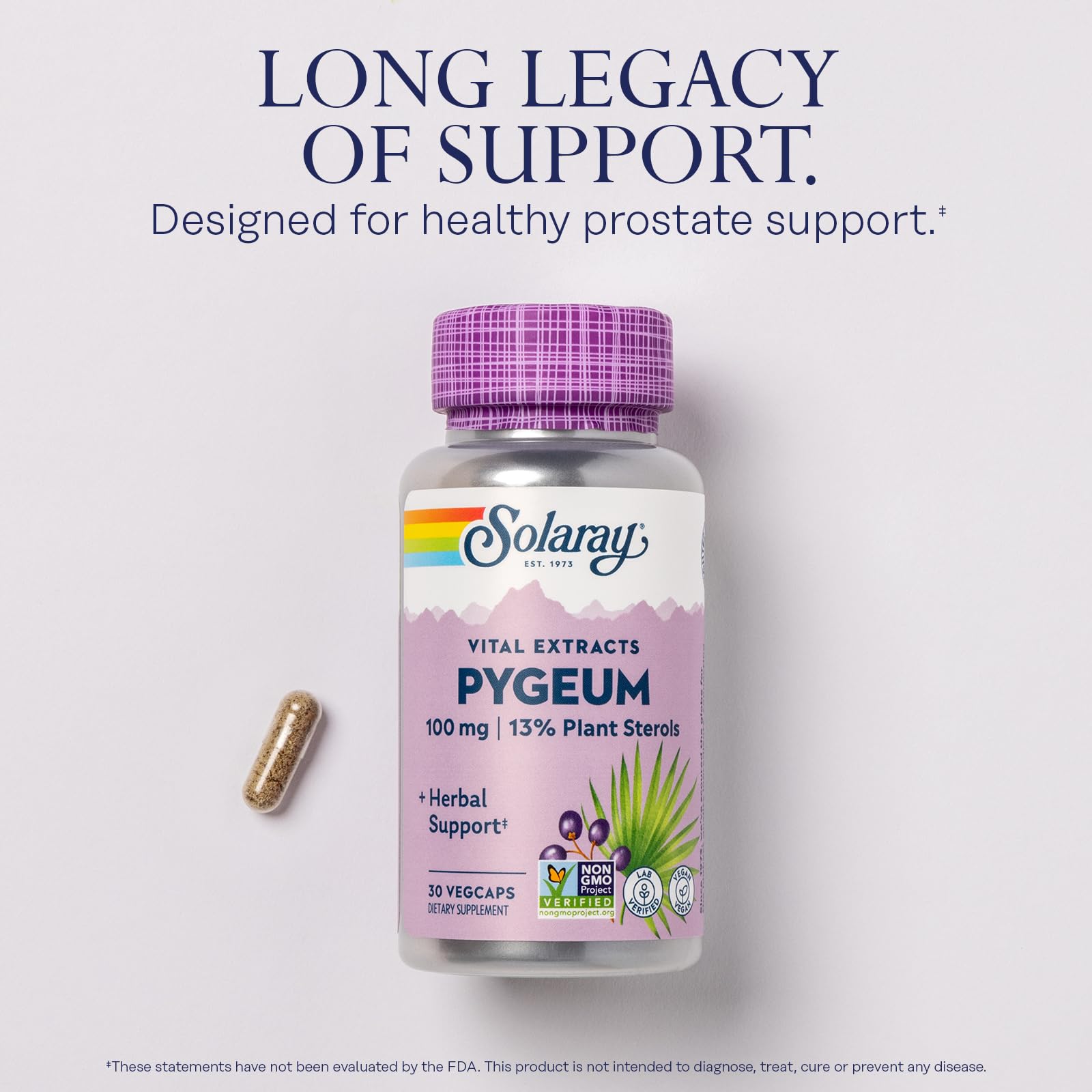 Étiquette SOLARAY Pygeum indiquant 13 mg de stérols totaux.