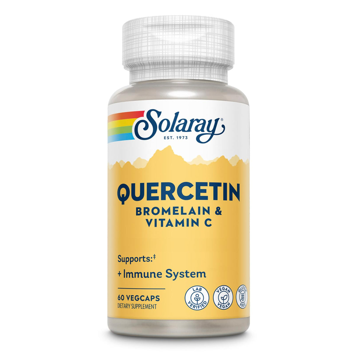 SOLARAY Quercétine et bromélaïne sur la bouteille, soutien potentiel pour l’immunité au quotidien.