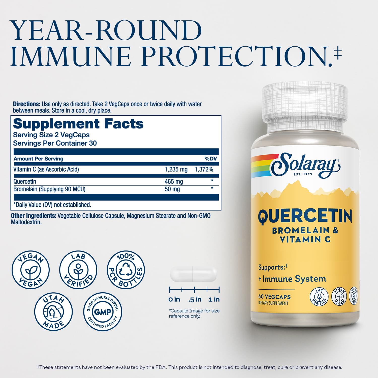 Étiquette SOLARAY Quercétine montrant bromélaïne et vitamine C.