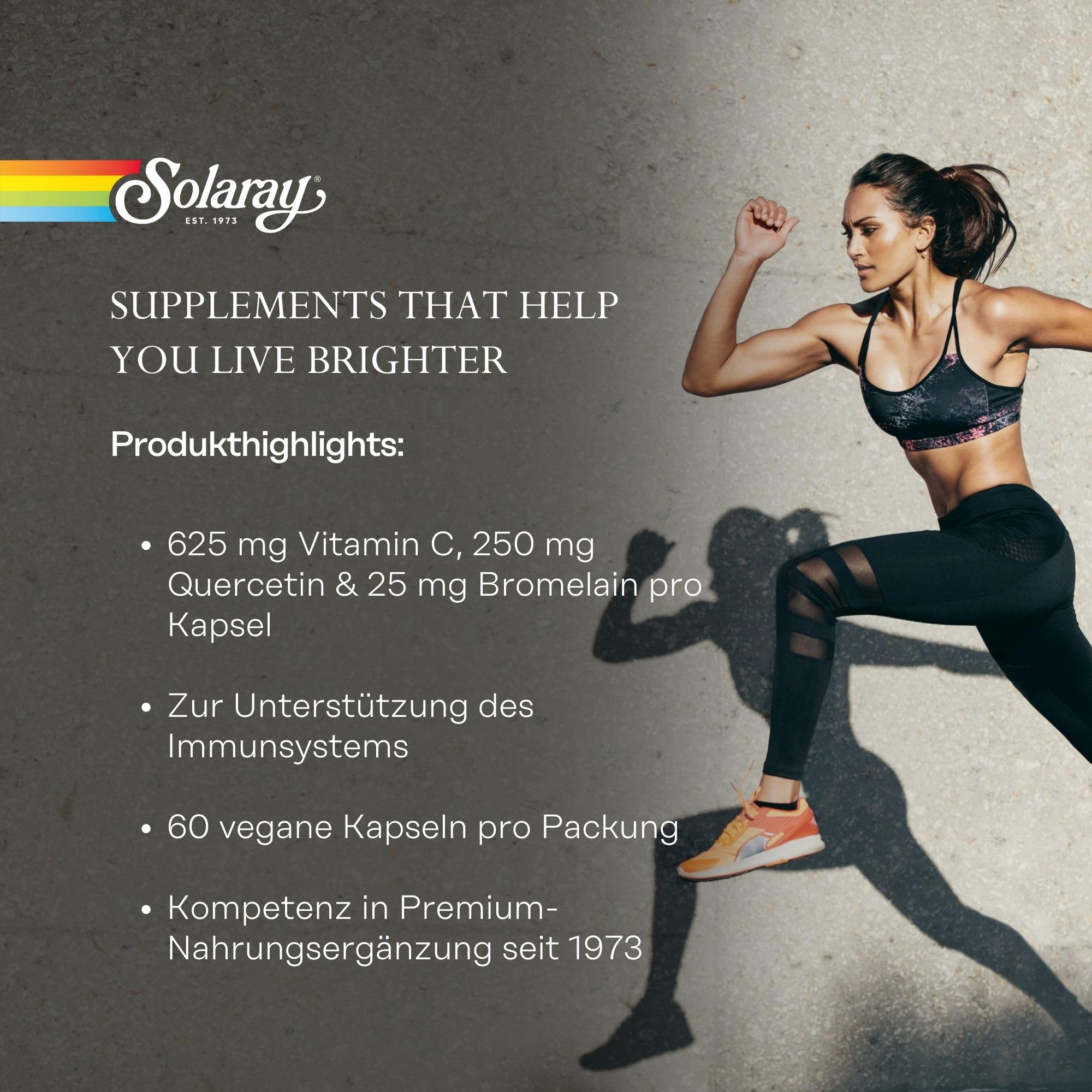 SOLARAY Quercetine Bromélaïne Vitamine C, étiquette claire facilitant une supplémentation régulière.