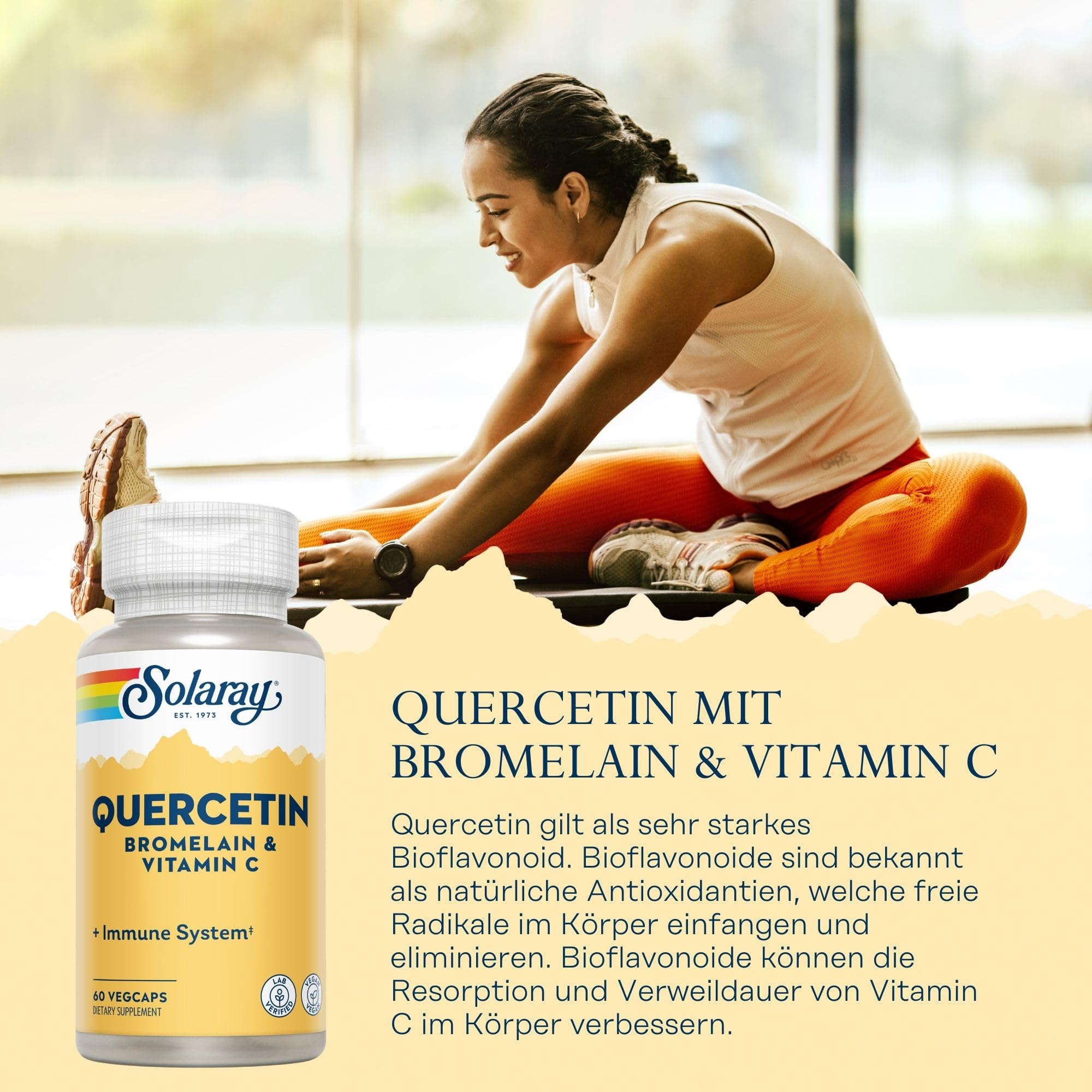 SOLARAY Quercetine Bromélaïne Vitamine C, gélules faciles à prendre pour le quotidien vegan.