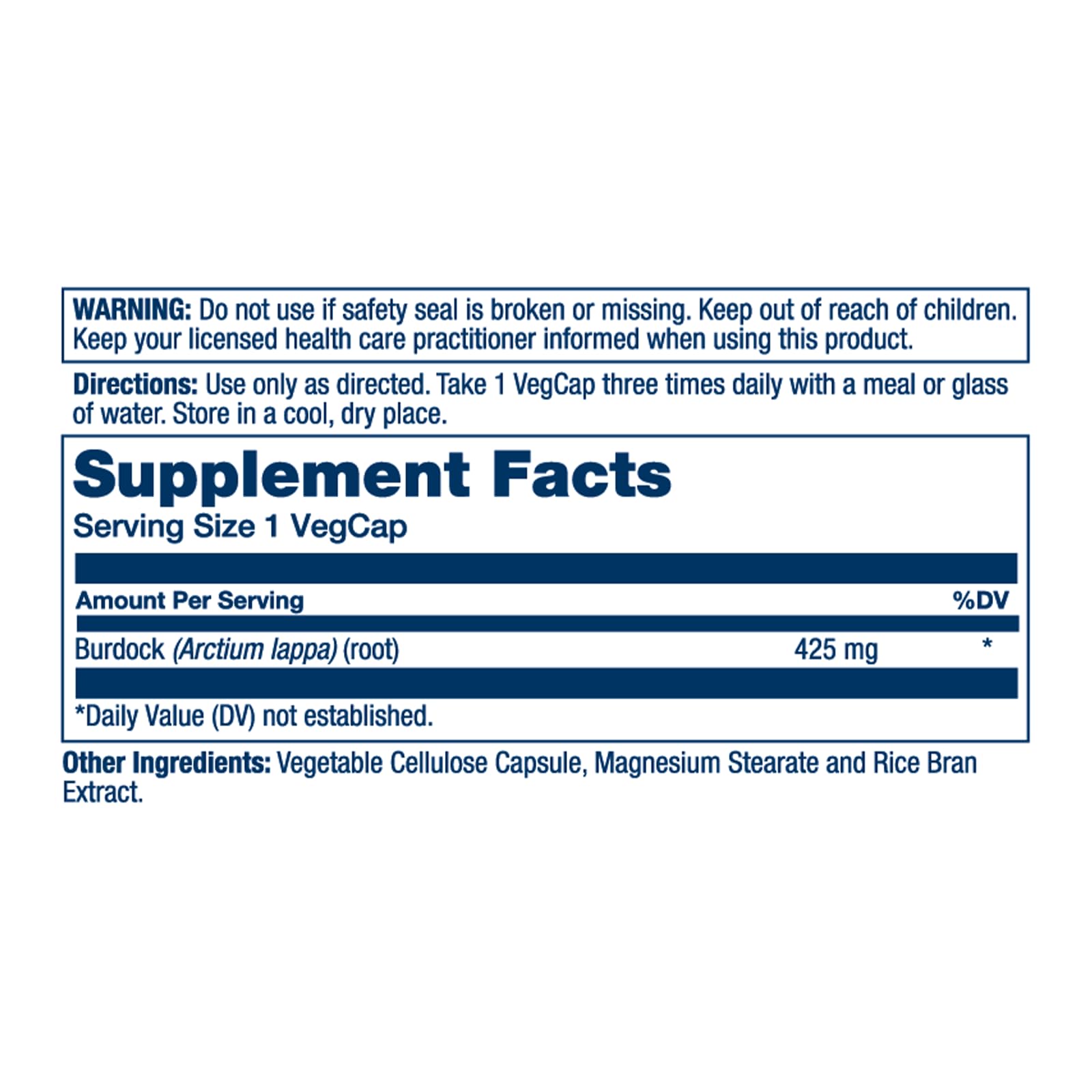 SOLARAY racine de bardane 425 mg – flacon vu dos, mention sans OGM.