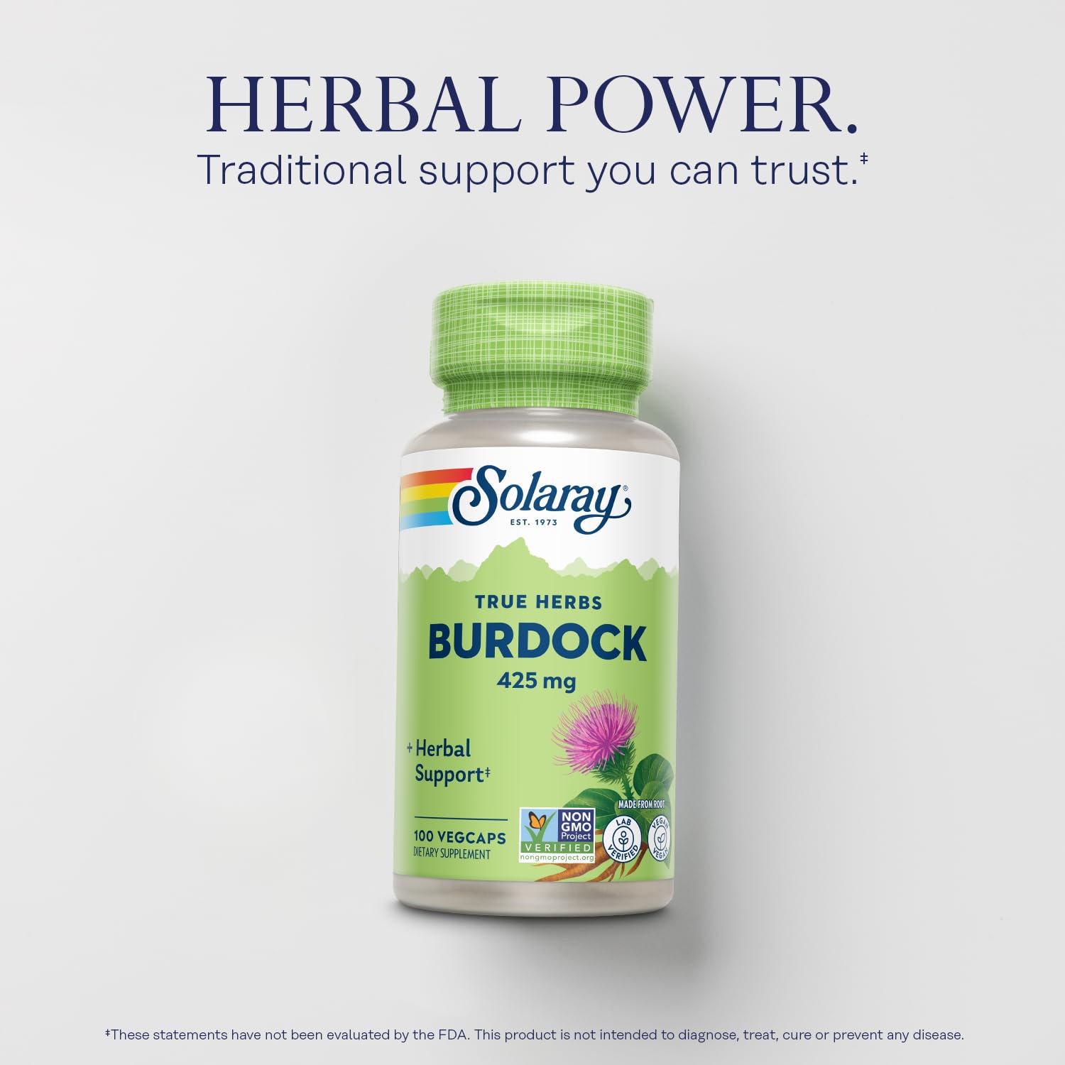 SOLARAY racine de bardane 425 mg – étui-carton, emballage éco-responsable.