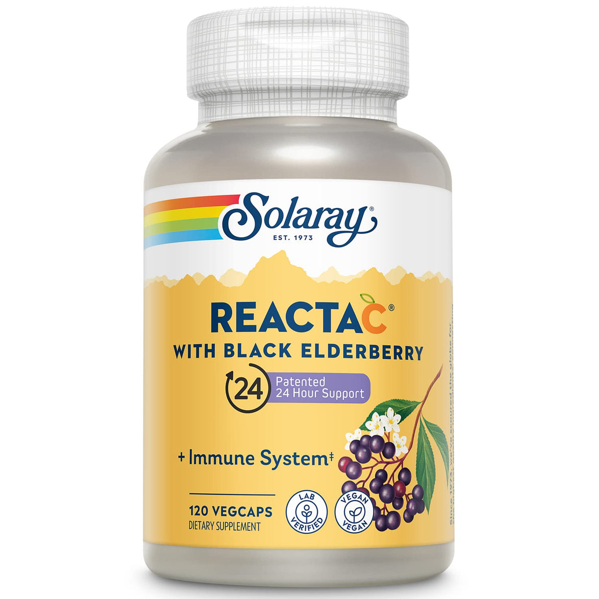 SOLARAY Reacta-C: bouteille montrant la formule non acide pour un usage quotidien.