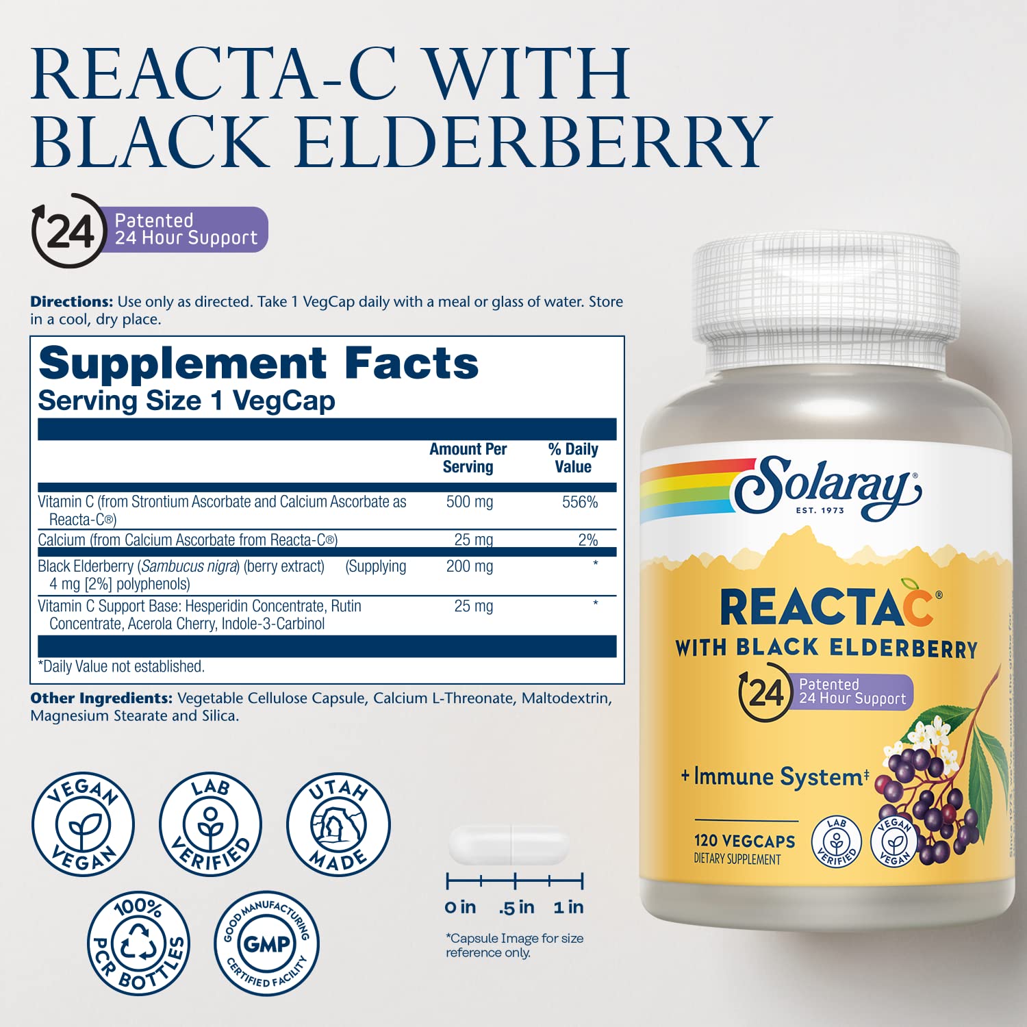 SOLARAY Reacta-C: étiquette détaillant les ingrédients et les bénéfices quotidiens potentiels.