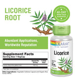 SOLARAY Racine de réglisse 450 mg – étiquette Non-OGM et végan pour transparence.
